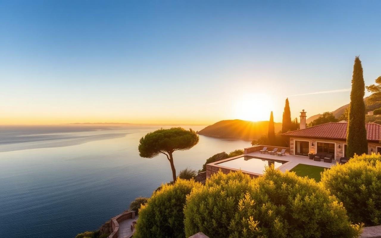 Luxury Italian villa on the Amalfi Coast at golden hour with infinity pool overlooking the Mediterranean