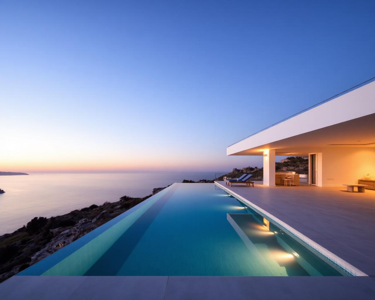 Minimalist Mediterranean villa with infinity pool at dusk